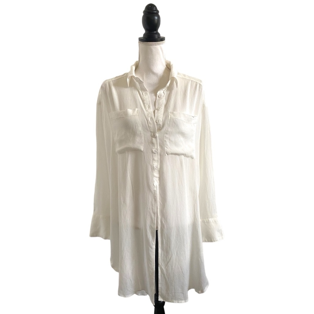 White Boho Oversized Button Detail Long Sleeve Gauze Top Size Small